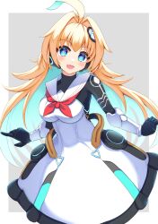 1girl absurdres ahoge android blonde_hair blue_eyes blue_hair breasts colored_inner_hair dress highres long_hair maruq_2826 multicolored_hair neckerchief ralmia_(shadowverse) red_neckerchief sailor_collar shadowverse simple_background solo star-shaped_pupils star_(symbol) symbol-shaped_pupils two-tone_hair white_dress white_sailor_collar