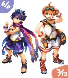 2boys bad_id bad_twitter_id bag blue_hair brown_eyes brown_hair clenched_hands demon_boy demon_horns demon_tail demon_wings fingerless_gloves full_body geetgeet gloves goggles goggles_on_head hand_on_own_hip holding holding_goggles horns looking_at_viewer male_focus multiple_boys pants pointy_ears pop-up_story purple_eyes scarf selim_spark shirt shoes shoulder_bag simple_background sleeveless smile tail teeth wings wristband ziz_glover