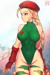1girl blonde_hair braid breasts cammy_white fingerless_gloves gloves hat highleg highleg_leotard large_breasts leotard long_hair scar scar_on_face skaggshood street_fighter