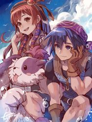 1boy 2girls bandana belt bird black_shirt blouse blue_eyes blue_hair brown_eyes bubble chrono_cross cloud cloudy_sky collar dog fujimaru_(green_sparrow) gloves hair_between_eyes hair_ornament hairband long_hair multiple_girls open_mouth poshul red_bandana red_hair leena_(chrono_cross) serge_(chrono_cross) shirt sky smile square_enix teeth tongue tongue_out upper_teeth_only