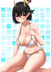 1girl absurdres bare_shoulders bikini biscione_(fate) blush breasts cleavage collarbone crown dragon_girl fate/grand_order fate_(series) glasses highres horns large_breasts looking_at_viewer mini_crown navel pointy_ears pucci-la-pucci short_hair solo swimsuit thighs white_bikini