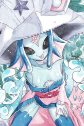 Rule 34 | 1girl, absurdres, ariemon, bare shoulders, black sclera, blue hair, blue skin, blue thighhighs, breasts, colored sclera, colored skin, cowboy shot, digimon, digimon (creature), fingernails, fins, fish girl, from above, head fins, helmet, highres, japanese clothes, jewelry, kimono, long fingernails, long sleeves, looking at viewer, looking up, nail polish, nanaeljustice, neck ring, off shoulder, oversized hat, pink eyes, pink kimono, pink nails, sharp fingernails, smile, solo, tentacle hair, thighhighs, tongue, tongue out, water, wide sleeves