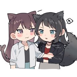 2girls absurdres animal_ear_piercing animal_ears bang_dream! bang_dream!_it&#039;s_mygo!!!!! black_choker black_hair black_jacket blue_eyes blush brown_hair cat_ears cat_girl cat_tail choker closed_mouth commentary_request extra_ears fang heart highres holding_hands jacket jewelry kemonomimi_mode long_hair looking_at_another medium_hair mole mole_under_eye multiple_girls nanami_(nunnun_0410) necklace open_mouth pout purple_eyes red_shirt shiina_taki shirt spoken_heart tail tail_wagging twitter_username white_jacket white_shirt wolf_ears wolf_girl wolf_tail yahata_umiri yuri