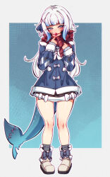 1girl absurdres ball_gag blue_eyes blue_hair bow coat commission commissioner_upload drooling fins fish_tail gag gawr_gura gawr_gura_(winter_casual) highres hololive hololive_english multicolored_hair non-web_source pointing red_scarf saliva scarf scarf_pull shark_girl shark_tail solo streaked_hair tail virtual_youtuber white_bow white_hair winter_clothes winter_coat yutakke