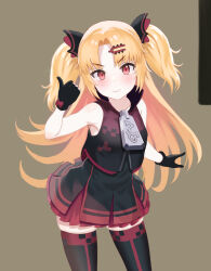 1girl absurdres akatsuki_uni armpit_crease bare_arms bare_shoulders black_dress black_gloves black_jacket black_thighhighs blonde_hair blush bow breasts brown_background closed_mouth collarbone commentary_request cowboy_shot curtained_hair dress glove_bow gloves hair_ornament hairclip hand_up high_collar highres jacket layered_dress long_hair looking_at_viewer oversized_zipper partially_fingerless_gloves pleated_dress purple_bow purple_dress red_eyes short_dress skindentation sleeveless sleeveless_jacket small_breasts smile solo thighhighs thumbs_up two_side_up uni_create v-shaped_eyebrows variant_set very_long_hair virtual_youtuber yasudraw zettai_ryouiki zipper zipper_pull_tab