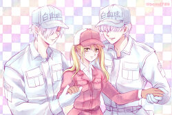 1girl 2boys blonde_hair breast_pocket brown_gloves checkered_background collared_shirt eosinophil_(hataraku_saibou) gloves hair_over_eyes hair_over_one_eye hat hataraku_saibou highres holding_hands juugatsu_porte multiple_boys pocket shirt simple_background smile twintails u-1146 u-2626 white_blood_cell_(hataraku_saibou) white_gloves white_hair