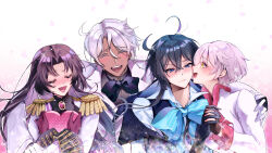 2boys 2girls absurdres ahoge antenna_hair artist_name black_bow black_bowtie black_hair black_shirt blue_bow blue_eyes blush bow bowtie box box_of_chocolates closed_eyes closed_mouth commentary couple dark-skinned_male dark_skin dominique_de_sade english_commentary epaulettes fangwan flustered gloves hair_between_eyes hetero highres holding_hands jacket jeanne_(vanitas_no_carte) long_hair multiple_boys multiple_girls noe_archiviste open_mouth purple_gloves sash shirt short_hair teeth upper_teeth_only valentine vanitas_(vanitas_no_carte) vanitas_no_carte white_hair white_jacket yellow_eyes