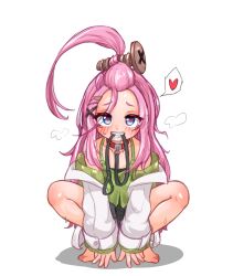 1girl ahoge aino_(genshin_impact) bangs_pinned_back bare_shoulders barefoot bdsm collar genshin_impact heart heart-shaped_pupils huge_ahoge leash loli long_hair looking_at_viewer pet_play pink_hair rotana_(namgoongdg1000) screw screw_hair_ornament slave solo spoken_heart squatting symbol-shaped_pupils