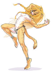 1girl arm_behind_head blonde_hair body_fur braid breasts cheetah_girl claws full_body furry furry_female kikurage_(crayon_arts) long_hair looking_at_viewer muscular muscular_female orange_eyes original simple_background small_breasts solo standing standing_on_one_leg tail tiptoes twin_braids very_long_hair white_background yellow_fur