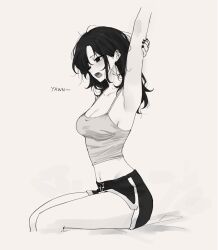 Rule 34 | 1girl, absurdres, arm up, breasts, camisole, cleavage, collarbone, commentary, dolphin shorts, english commentary, feint721, feint721 (person), fingernails, from side, genderswap, genderswap (mtf), greyscale, highres, large breasts, long hair, looking ahead, midriff, monochrome, nail polish, navel, open mouth, original, self-portrait, shorts, sitting, solo, stretching, thighs, yawning