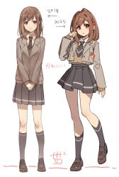 1girl absurdres arrow_(symbol) black_skirt blazer blush brown_eyes brown_hair brown_jacket closed_mouth collared_shirt grey_jacket hair_ornament highres hotechige jacket kneehighs loafers long_sleeves multiple_views necktie original pleated_skirt school_uniform shirt shoes skirt smile socks standing white_background white_shirt