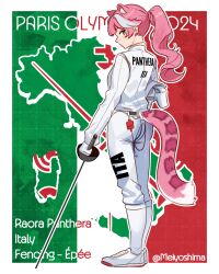 Rule 34 | 1girl, 2024 summer olympics, absurdres, alternate costume, animal ear fluff, animal ears, character name, commentary, english commentary, epee, fencing, fencing suit, gloves, highres, holding, holding sword, holding weapon, hololive, hololive english, italian flag, jacket, left-handed, legs together, long hair, long sleeves, looking at viewer, meiyoshima, multicolored hair, olympics, panther ears, panther girl, panther tail, pants, pink hair, pink tail, ponytail, profile, raora panthera, shoes, sideways glance, sneakers, socks, solo, standing, sword, tail, twitter username, two-tone hair, virtual youtuber, weapon, white gloves, white hair, white jacket, white pants, white shoes, white socks, yellow eyes