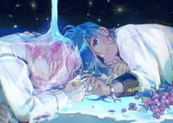 2boys aged_down blue_eyes blue_hair bracelet chromatic_aberration clenched_hand clenched_hands closed_eyes closed_mouth constellation cuff_links dark-skinned_male dark_skin diluc_(genshin_impact) eveshut eyepatch food frozen fruit genshin_impact grapes highres holding ice jewelry kaeya_(genshin_impact) long_hair long_sleeves looking_up lying male_focus multiple_boys on_stomach parted_lips pouring reaching red_hair seashell shell shirt sky sleeve_cuffs star_(sky) starry_sky suspenders swept_bangs upper_body water white_shirt