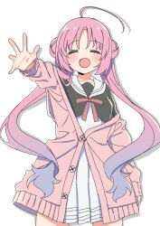 1girl :d ahoge akeuchi_yuu arm_at_side black_shirt blush closed_eyes cowboy_shot dot_nose double_bun dress fujinomisaki_school_uniform gradient_hair hair_bun highres hoshikuzu_telepath kounosu_satori long_sleeves multicolored_hair neck_ribbon open_mouth parted_bangs partially_unbuttoned pink_hair pink_ribbon pink_sweater pleated_dress reaching reaching_towards_viewer ribbon sailor_collar school_uniform shirt shirt_over_dress sidelocks simple_background smile solo sweater twintails white_background white_dress white_sailor_collar