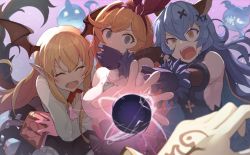 3girls animal_ears arm_hug bat_wings black_gloves black_skirt blonde_hair blue_hair book breasts brown_eyes brown_hair clarisse_(granblue_fantasy) commentary_request detached_wings elbow_gloves empty_eyes erune fang ferry_(granblue_fantasy) ferry_(grand)_(granblue_fantasy) flower ghost gloves granblue_fantasy green_eyes hair_between_eyes hair_ribbon head_wings hinami_(hinatamizu) holding holding_book long_hair long_sleeves looking_at_viewer magic medium_breasts multiple_girls open_mouth orange_hair pointy_ears ponytail rabbit_ears red_flower red_rose ribbon rose shirt sideboob skirt sleeveless sweat tears vampy wavy_hair white_shirt wings