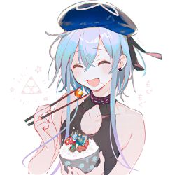 Rule 34 | 1boy, arknights, beret, blue hair, bowl, chopsticks, closed eyes, crossed bangs, earrings, food, food on face, gameplay mechanics, happy, hat, jewelry, male focus, mizuki (arknights), namie-kun, rice, rice bowl, rice on face, shirt, sleeveless, sleeveless shirt