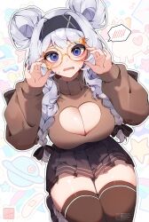 1girl absurdres artist_name bai_feiyan black_bow black_headband black_shoes black_skirt blush bow braid breasts brown_sweater brown_thighhighs cleavage clothing_cutout commission double_bun grey_hair hair_bow hair_bun headband heart_cutout highres indie_virtual_youtuber large_breasts long_hair long_sleeves open_mouth pleated_skirt purple_eyes round_eyewear shoes skirt solo spoken_blush star_(symbol) sweater thighhighs twin_braids twitter_username virtual_youtuber weiic yellow-framed_eyewear