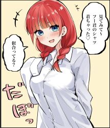 Rule 34 | 1girl, blue eyes, blush, braid, breasts, closed mouth, eyebrows hidden by hair, go-toubun no hanayome, hair between eyes, highres, large breasts, looking at viewer, mame1645, nakano nino, no hair ornament, open mouth, pink hair, red hair, shirt, short hair, shy, simple background, smile, speech bubble, twin braids, upper body, white shirt