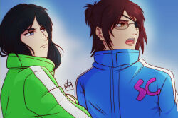 2girls artist_name black_hair blue_background blue_eyes blue_jacket brown_eyes collared_jacket commentary dragon_ball dragon_ball_super english_commentary glasses green_jacket hange_zoe high_collar highres jacket long_hair looking_ahead looking_to_the_side multiple_girls open_mouth pieck_finger ponytail shingeki_no_kyojin sunlight track_jacket upper_body vslayerart white_trim
