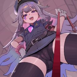 1girl :d armband belt bike_shorts black_belt black_jacket black_thighhighs breast_pocket cameltoe chest_jewel cl_oor colored_inner_hair commentary commission fangs from_below gloves gradient_hair grey_hair hair_flaps hand_on_own_hip hat hololive hololive_english indoors jacket jaggy_lines koseki_bijou leash loli long_hair multicolored_hair open_mouth pebble_(koseki_bijou) pink_hair pink_scrunchie pocket police_hat pov purple_eyes scrunchie short_sleeves sidelocks smile solo teeth thighhighs tongue two-tone_hair upper_teeth_only very_long_hair viewer_on_leash virtual_youtuber white_gloves wrist_scrunchie