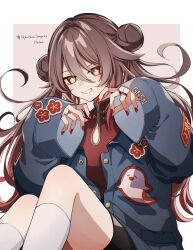 1girl alternate_costume black_shorts blue_jacket boo_tao_(genshin_impact) brown_hair double_bun evil_grin evil_smile flower-shaped_pupils genshin_impact grin hair_between_eyes hair_bun highres hu_tao_(genshin_impact) jacket jewelry kneehighs long_hair mandarin_collar multiple_rings nail_polish orange_eyes patch red_nails red_shirt ring shirt shorts sleeves_past_wrists smile socks solo symbol-shaped_pupils teeth white_socks yanagida_shiina