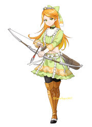 1girl abs absurdres arrow_(projectile) black_bow black_bowtie bow bow_(weapon) bowtie crop_top etie_(fire_emblem) fire_emblem fire_emblem_engage green_bow green_eyes green_shirt green_skirt highres holding holding_arrow holding_bow_(weapon) holding_weapon looking_at_viewer midori_no_baku nintendo orange_hair shirt skirt solo swept_bangs tiara weapon