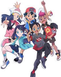 2girls 3boys ash_ketchum black_hair blue_hair dawn_(pokemon) goh_(pokemon) hair_ornament hairclip hat highres holding liko_(pokemon) marin_(marinandokarori) multiple_boys multiple_girls nintendo open_mouth pink_hair poke_ball poke_ball_(basic) pokemon pokemon_(anime) pokemon_dppt_(anime) pokemon_horizons pokemon_journeys roy_(pokemon) shoes smile