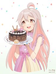 1girl absurdres ahoge artist_name c: cake chocolate_cake confetti dated food genderswap genderswap_(mtf) happy_birthday highres holding holding_cake holding_food jacky-8096 long_hair onii-chan_wa_oshimai! open_mouth orange_eyes oyama_mahiro pink_hair sleeveless smile solo