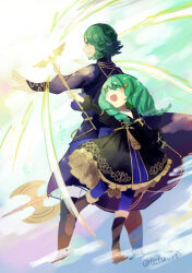 1boy 1girl back-to-back beard caduceus_staff_(fire_emblem) drill_hair facial_hair father_and_daughter fire_emblem fire_emblem:_three_houses flayn_(fire_emblem) garreg_mach_monastery_uniform green_eyes green_hair holding holding_staff nintendo seteth_(fire_emblem) staff tefutene