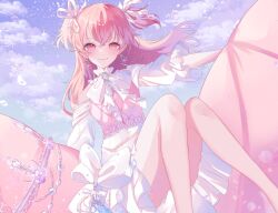 1girl 7naako5 bow cloud dress earrings frills highres jewelry long_hair looking_at_viewer momoi_airi pink_eyes pink_hair pink_theme project_sekai ribbon sky smile solo two_side_up virtual_youtuber