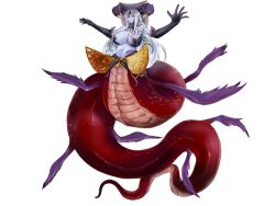 1girl alipheese_fateburn_xv arms_up breasts chest_jewel colored_skin expressionless facial_tattoo flower full_body game_cg gem gold_trim hair_between_eyes hair_tattoo hair_vines halterneck huge_breasts lamia large_horns large_tail long_hair low_wings mon-musu_quest! mon-musu_quest:_paradox monster_girl navel non-web_source nose purple_lips purple_skin purple_wings red_gemstone red_scales solo tail tattoo un_do veil white_hair winged_tail wings yellow_eyes yellow_wings