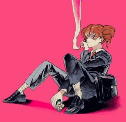 1girl absurdres alternate_costume androgynous ankle_socks bag black_bag black_jacket black_pants black_shoes black_suit cigarette cigarette_pack collared_shirt drill_hair formal_clothes hair_between_eyes handbag hashtag-only_commentary highres holding holding_cigarette holding_cigarette_pack jacket jeon_se kasane_teto looking_at_viewer necktie pants pink_background pinstripe_socks platform_shoes red_eyes red_hair red_necktie shadow shirt shoes sitting slip-on_shoes smoke socks solo suit suit_jacket twin_drills utau white_socks wing_collar