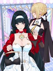 2girls absurdres astra_yao black_bra black_hair black_panties black_pants blonde_hair bra breasts closed_eyes clothes_hanger collared_shirt commentary dress english_commentary evelyn_chevalier hairband highres holding holding_clothes_hanger jacket jacket_on_shoulders kwahsyrup large_breasts multiple_girls necktie panties pants purple_eyes red_eyes red_jacket shirt twitter_username underwear white_dress white_hairband white_shirt yellow_necktie zenless_zone_zero