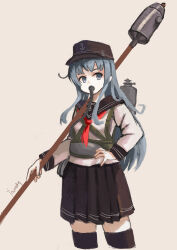Rule 34 | 1girl, absurdres, black sailor collar, blue eyes, blue hair, cropped legs, diving regulator, hibiki (kancolle), highres, imperial japanese navy, kantai collection, long hair, sailor collar, school uniform, scuba gear, scuba tank, solo, white background, youotaku