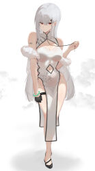 Rule 34 | 1girl, absurdres, barcode, barcode tattoo, bare shoulders, black gloves, black shoes, breasts, china dress, chinese clothes, chinese commentary, cleavage, cleavage cutout, closed mouth, clothing cutout, commentary, dress, eyes visible through hair, full body, fur (clothing), gloves, grey hair, groin, hair behind ear, hair between eyes, hair ornament, hairclip, highres, large breasts, light smile, long hair, looking at viewer, mole, mole under eye, navel, navel cutout, no socks, original, pelvic curtain, red eyes, sarea (sarea2020), shoes, side slit, simple background, single glove, sleeveless, sleeveless dress, solo, standing, tattoo, thigh strap, very long hair, white background, white dress