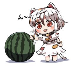 1girl :3 animal_ears barefoot bell black_collar blush calico_(pattern) cat_ears cat_girl cat_tail chibi chibi_only closed_mouth collar commentary food fruit full_body goutokuji_mike jingle_bell multicolored_hair neck_bell red_eyes rokugou_daisuke shirt short_hair short_sleeves signature simple_background skirt skirt_set solo standing streaked_hair tail tongue tongue_out touhou watermelon white_background white_hair white_shirt white_skirt