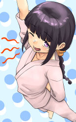 Rule 34 | 1girl, alternate costume, arm up, bare shoulders, black hair, blue background, braid, highres, japanese clothes, jinbei (clothes), kantai collection, kitakami (kancolle), long hair, nekotarou (nktr299), one eye closed, polka dot, polka dot background, purple eyes, sidelocks, single braid, solo, yawning