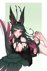 1girl animal_ear_fluff animal_ears antennae bare_shoulders blush breasts bright_pupils claws commentary commission english_commentary feathered_wings feathers feet gradient_hair gradient_wings green_feathers green_hair harpy highres jewelry looking_at_viewer medium_breasts monster_girl multicolored_hair multicolored_wings open_mouth original pendant pink_eyes pink_feathers pink_hair shinbun_n solo toes white_pupils winged_arms wings