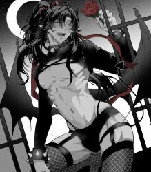 1boy abs ahoge alternate_costume bare_pectorals bishounen black_collar black_hair black_panties black_shrug black_wings blush bracelet bulge closed_eyes collar crescent crescent_moon demon_boy demon_horns demon_tail demon_wings fangs fingernails fishnet_thighhighs fishnets flower garter_straps greyscale hair_ribbon halloween hand_up holding holding_flower horns jewelry long_hair male_focus modao_zushi monochrome moon navel night night_sky nipples open_mouth panties pectorals pointy_ears ponytail red_flower red_ribbon red_rose ribbon ronpu_cooing rose sharp_fingernails shrug_(clothing) sidelocks sitting_in_window sky smile solo spiked_bracelet spikes spot_color star_(sky) starry_sky tail thighhighs toned toned_male underwear wei_wuxian window wings