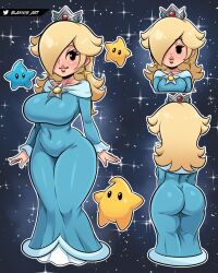 1girl 3others arms_at_sides artist_name ass black_eyes blannis blonde_hair blue_dress breasts closed_mouth collarbone covered_navel crown dress earrings eyebrows eyelashes from_behind full_body hair_over_one_eye highres jewelry large_breasts lips long_hair long_sleeves looking_at_viewer luma_(mario) mario_(series) multiple_others multiple_views nintendo no_sclera paper_mario rosalina smile space standing star_(sky) wide_hips