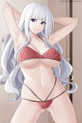 Rule 34 | 1girl, aslindsamure, blue eyes, bra, breasts, fairy tail, large breasts, long hair, mirajane strauss, panties, underwear, white hair