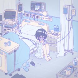 1girl alien_stage bandaged_head bandages bandaid bandaid_on_knee bandaid_on_leg barefoot bed black_eyes black_hair bottle cardiogram chinese_commentary coldmeow commentary_request cotton_swab cup highres hospital hospital_bed hospital_gown intravenous_drip knees_up mask medium_hair own_hands_together oxygen_mask pill pillow scissors signature sitting slippers solo sua_(alien_stage) unworn_mask unworn_slippers water_bottle