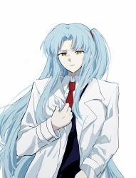 1girl angela_(project_moon) blue_hair blue_vest collared_shirt highres lab_coat lobotomy_corporation long_hair long_sleeves looking_at_viewer necktie one_side_up parted_bangs project_moon rai_(r2718281) red_necktie shirt simple_background solo standing upper_body very_long_hair vest white_background white_shirt yellow_eyes