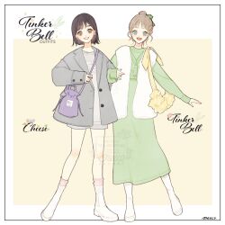 2girls bag blonde_hair brown_hair cheese_(disney) coa disney_fairies_(movie_series) dress genderswap green_dress hair_bun humanization looking_at_viewer meecosme multiple_girls short_hair single_hair_bun smile swap tinker_bell_(disney) wings