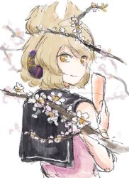 Rule 34 | 1girl, black sailor collar, blonde hair, branch, closed mouth, commentary request, flower, looking at viewer, looking back, pink shirt, ritsuzou, ritual baton, sailor collar, shirt, short hair, sleeveless, sleeveless shirt, smile, solo, touhou, toyosatomimi no miko, upper body, white background, white flower, yellow eyes