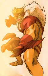1boy abs angry beard bengus blonde_hair capcom claws facial_hair fangs fangs_out fighting_stance game_cg highres large_pectorals male_focus marvel marvel_vs._capcom marvel_vs._capcom_2 muscular muscular_male no_pupils non-web_source official_art pectorals sabertooth_(x-men) scan short_hair sideburns sidelighting solo teeth