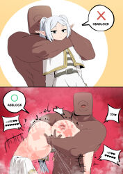 1boy 1girl bald elf expressionless female_ejaculation fingering frieren frieren_beyond_journey&#039;s_end headlock instant_loss lifting_person moaning motion_lines muscular panties pants_around_one_leg panty_pull pointy_ears pussy_juice restrained slap_mark sousou_no_frieren strangling twintails underwear white_hair woomochi
