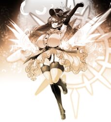 alternate_costume arm_up armpits ascot blue_archive boots breasts buttons commission dress elbow_gloves feathers fingerless_gloves flower_hat fluffy_hair frilled_dress frilled_gloves frilled_shirt frills full_body garter_straps gloved_sleeves gloves hair_over_one_eye halo hat hat_feather high_heel_boots high_heels highres hinata_(blue_archive) huge_breasts idol idol_clothes knee_boots lazy_ant long_hair monochrome open_mouth outstretched_arm overskirt panties pantyshot pixiv_commission sakurako_(blue_archive) sakurako_(idol)_(blue_archive) shirt solo standing standing_on_one_leg thighhighs top_hat underwear upskirt winged_halo wings