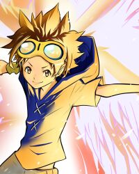 Rule 34 | 1boy, absurdres, digimon, dukemon, dukemon crimson mode, goggles, goggles on head, highres, male focus, matsuda takato, naoki akamine, solo, wings