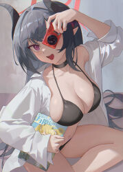 1girl absurdres alternate_costume bikini black_bikini black_choker black_hair black_horns blue_archive breasts camera chiaki_(blue_archive) choker halo highres holding holding_camera horns large_breasts long_hair looking_at_viewer magazine_(object) navel open_clothes open_mouth open_shirt pointy_ears red_halo sejin shirt sitting smile solo swimsuit very_long_hair white_shirt
